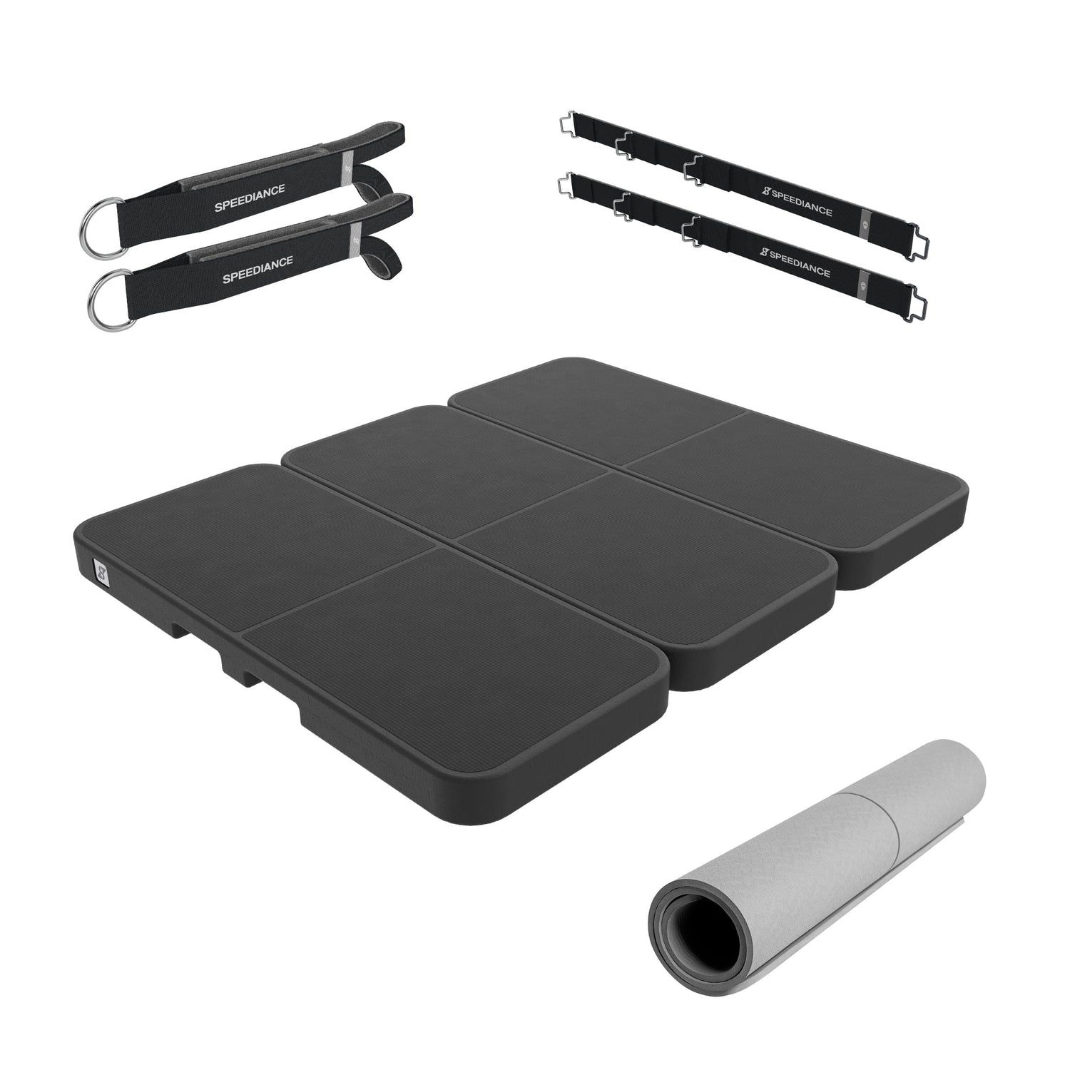 Speediance Pilates Kit components: foldable mat, ankle straps and attachment straps