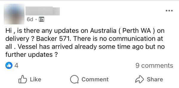 Screenshot of a post in the Facebook group Official Innodigym Community, October 2026. It reads: Hi , is there any updates on Australia ( Perth WA ) on delivery ? Backer 571. There is no communication at all . Vessel has arrived already some time ago but no further updates ?