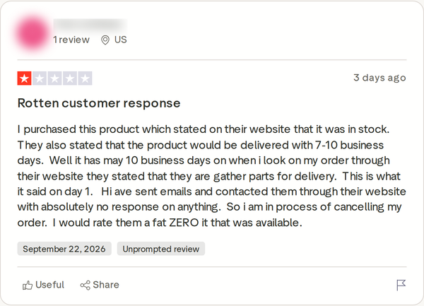 Screenshot of a Trustpilot review, October 2026. It reads, in part: Hi ave sent emails and contacted them through their website with absolutely no response on anything. So i am in process of cancelling my order.