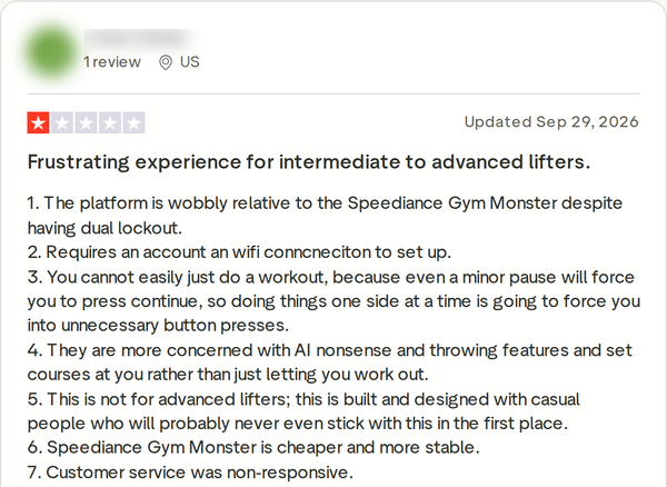 Screenshot of a Trustpilot review, September 2026. It reads, in part: The platform is wobbly relative to the Speediance Gym Monster despite having dual lockout.